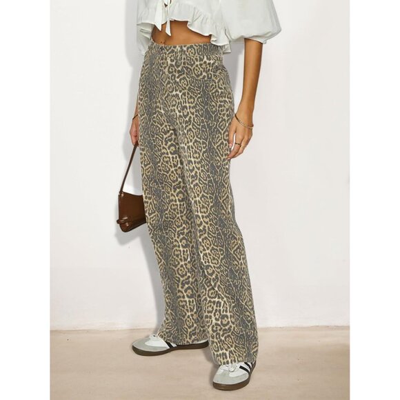 Women's Stretchy Leopard Print Baggy Jeans High Waist Straight Leg Pants - Picture 2 of 6